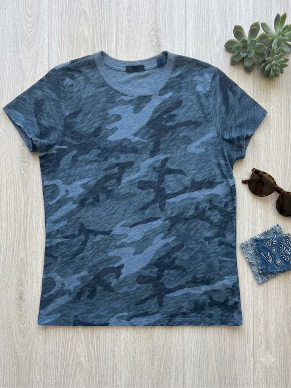 ATM Slub Camo T Shirt Women’s M Blue Camouflage Distressed Crew Neck Tee
